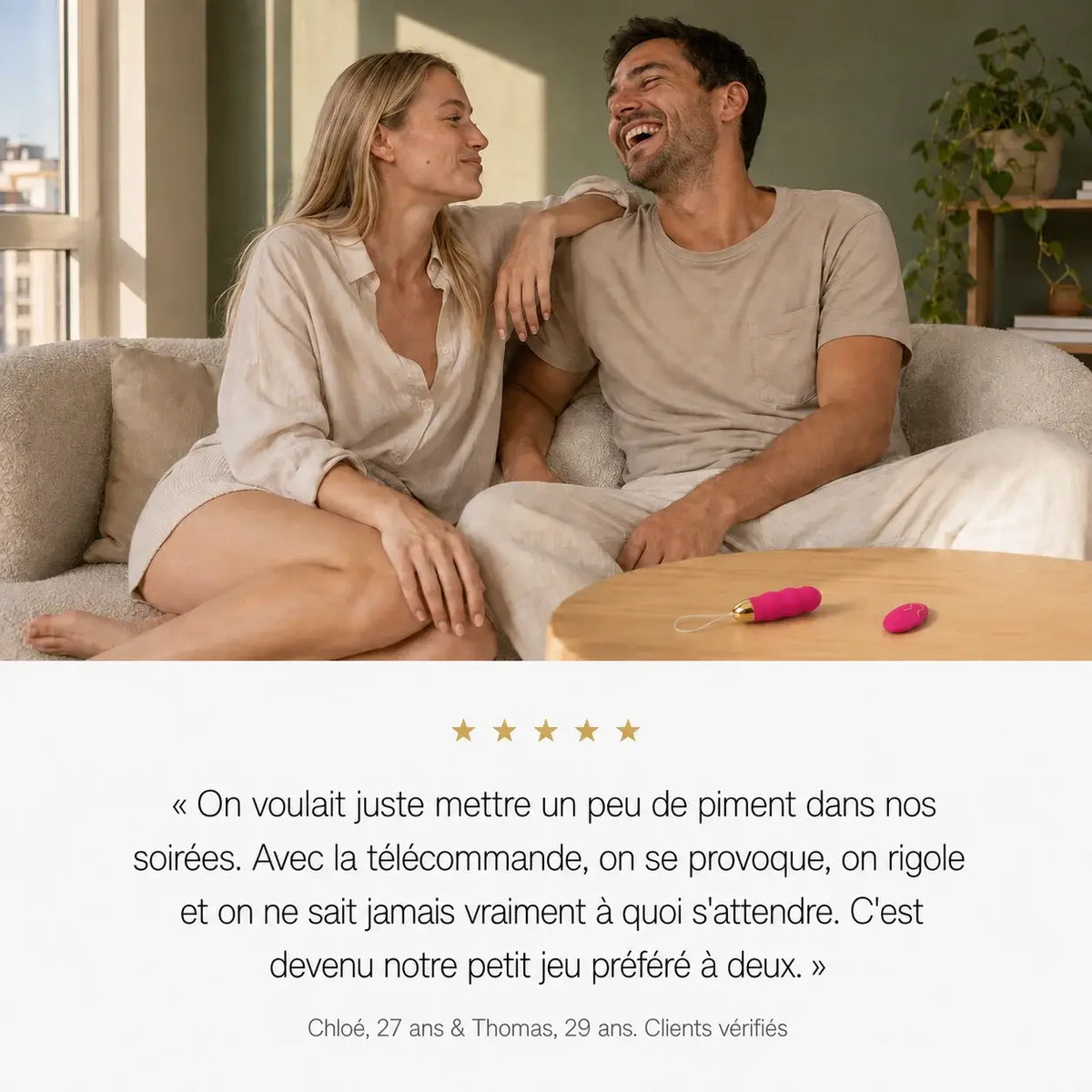 Avis client 5 étoiles de Chloé, 27 ans, et Thomas, 29 ans, sur l'œuf vibrant Perle