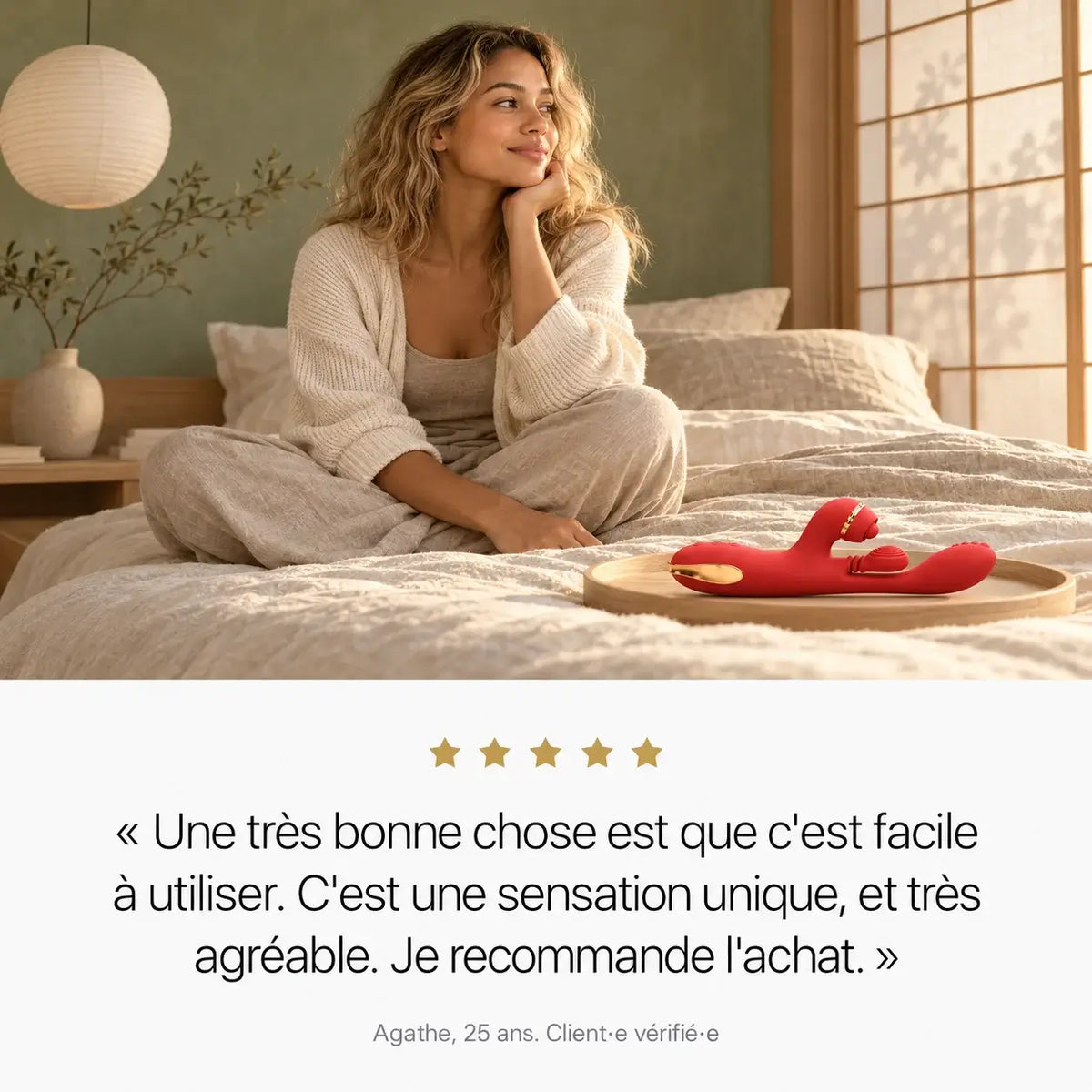 Avis client 5 étoiles d’Agathe, 25 ans, sur le vibromasseur 3 en 1 Aurore, facile à utiliser