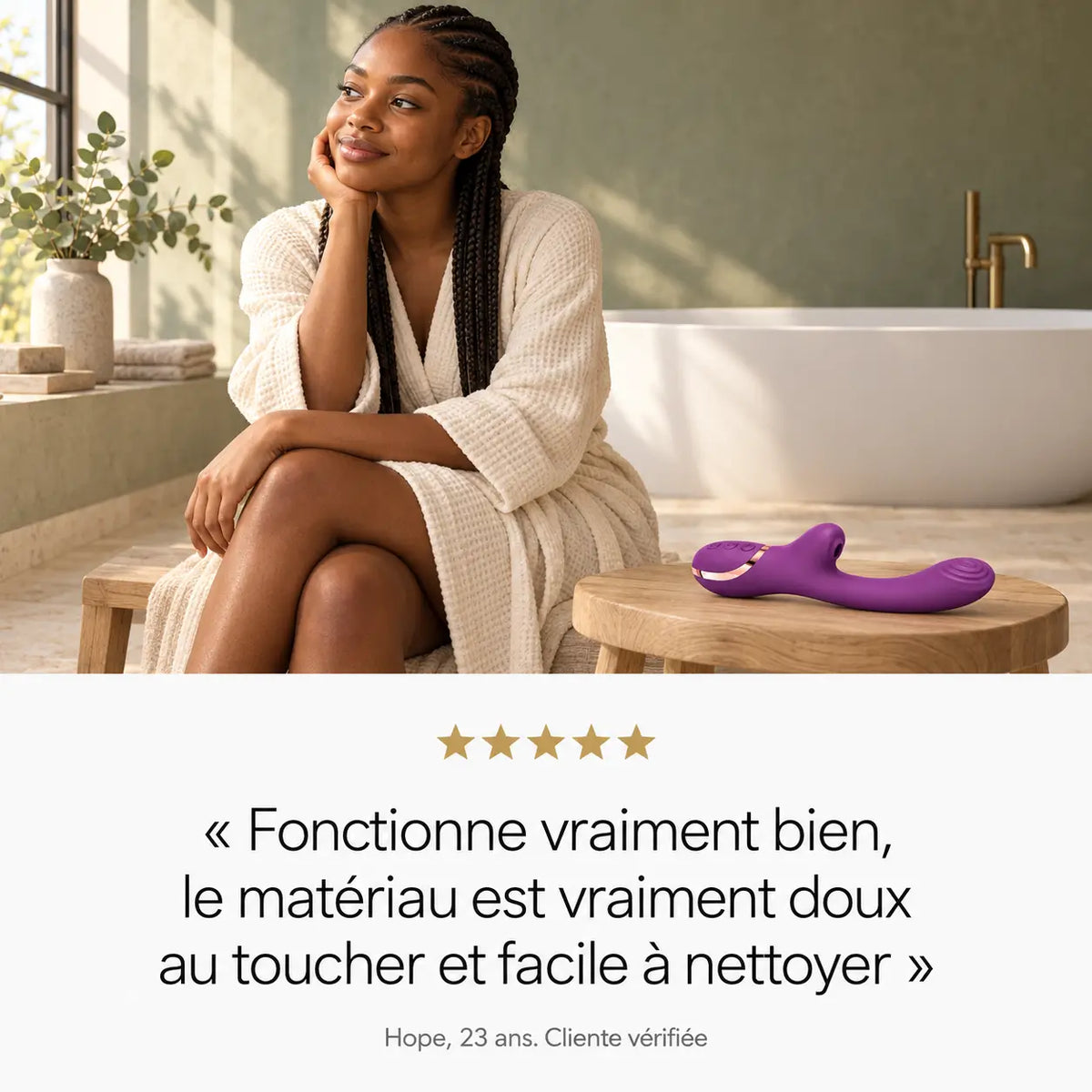 Avis client 5 étoiles sur le vibromasseur Écrin : « Le matériau est vraiment doux au toucher et facile à nettoyer »