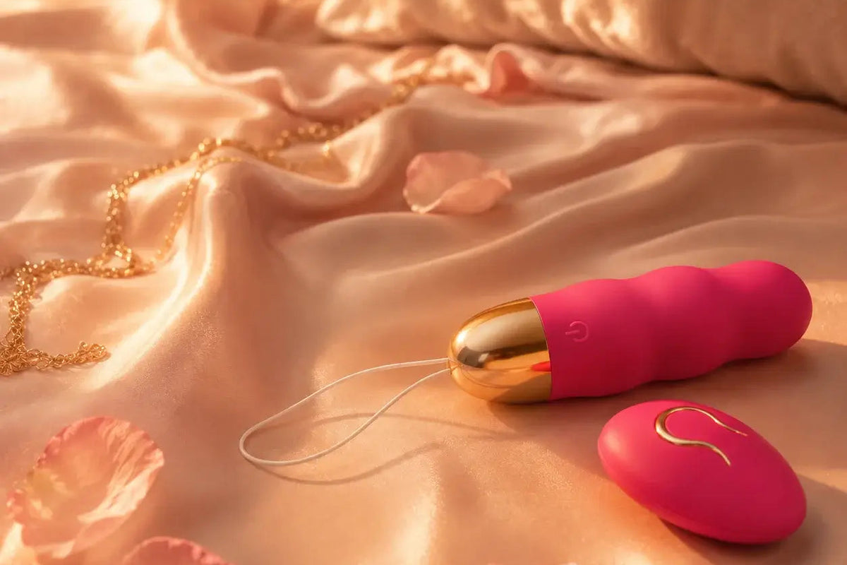 Œuf vibrant Perle rose framboise et sa télécommande posés sur un drap de satin