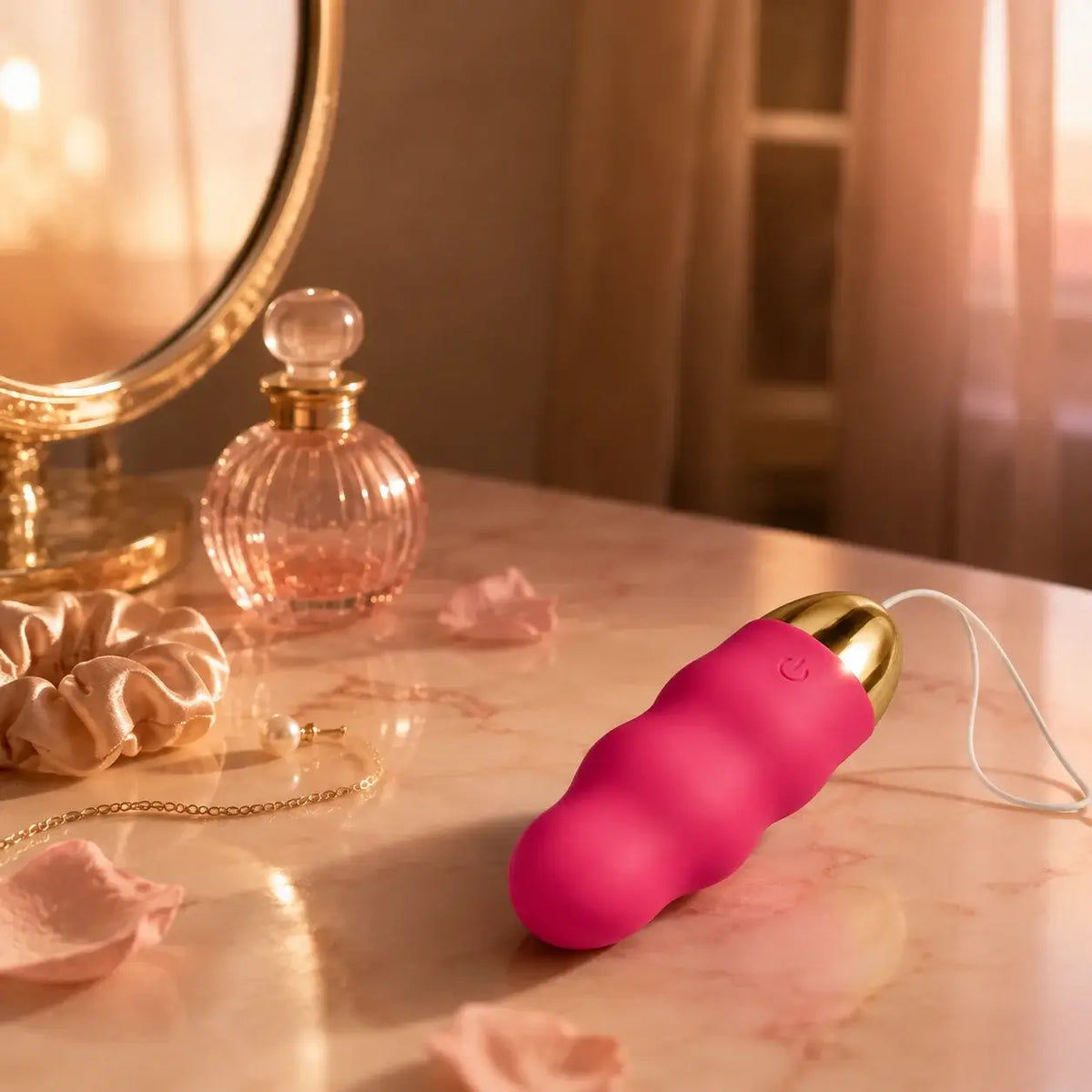 Œuf vibrant Perle posé sur une coiffeuse en marbre, dans une lumière de fin de journée