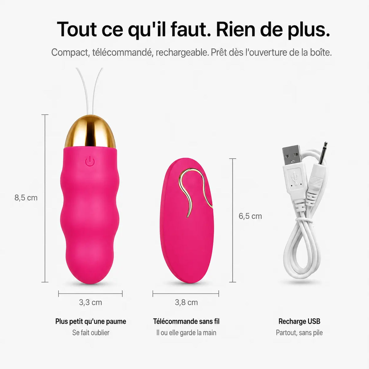 Dimensions de l'œuf vibrant Perle : 8,5 cm de haut, 3,3 cm de large, télécommande de 6,5 cm