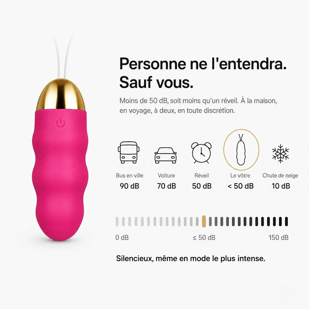 Niveau sonore de l'œuf vibrant Perle, moins de 50 dB, comparé à un réveil et à une voiture