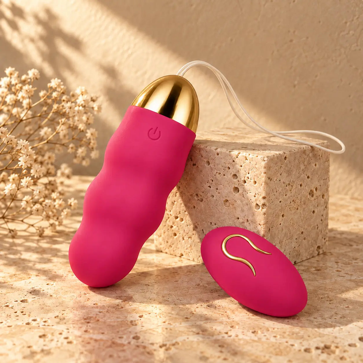 Sextoy Perle, œuf vibrant rose framboise, et sa télécommande sur un socle en travertin