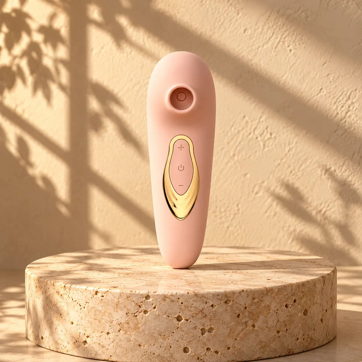 Sextoy Halo, stimulateur clitoridien par aspiration rose poudré, sur un socle en travertin