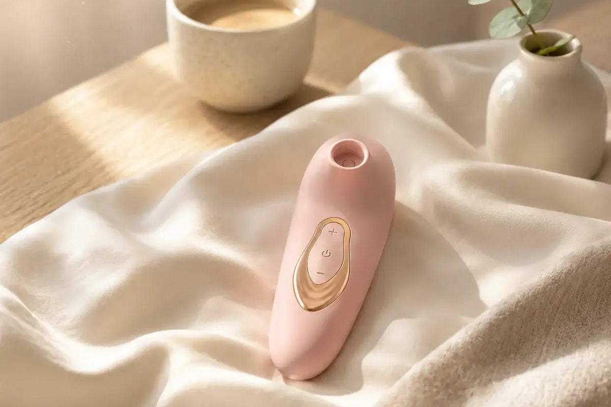 Stimulateur Halo rose poudré posé sur un drap de satin, ambiance calme du matin