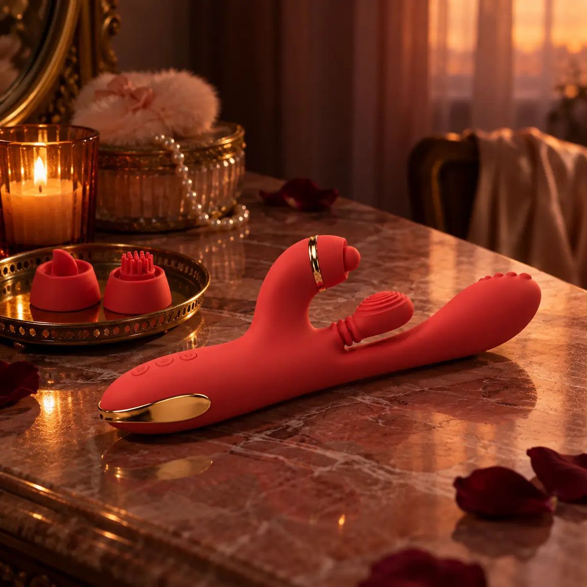 Sextoy 3 en 1 Aurore rouge cerise sur une coiffeuse en marbre, avec ses embouts interchangeables