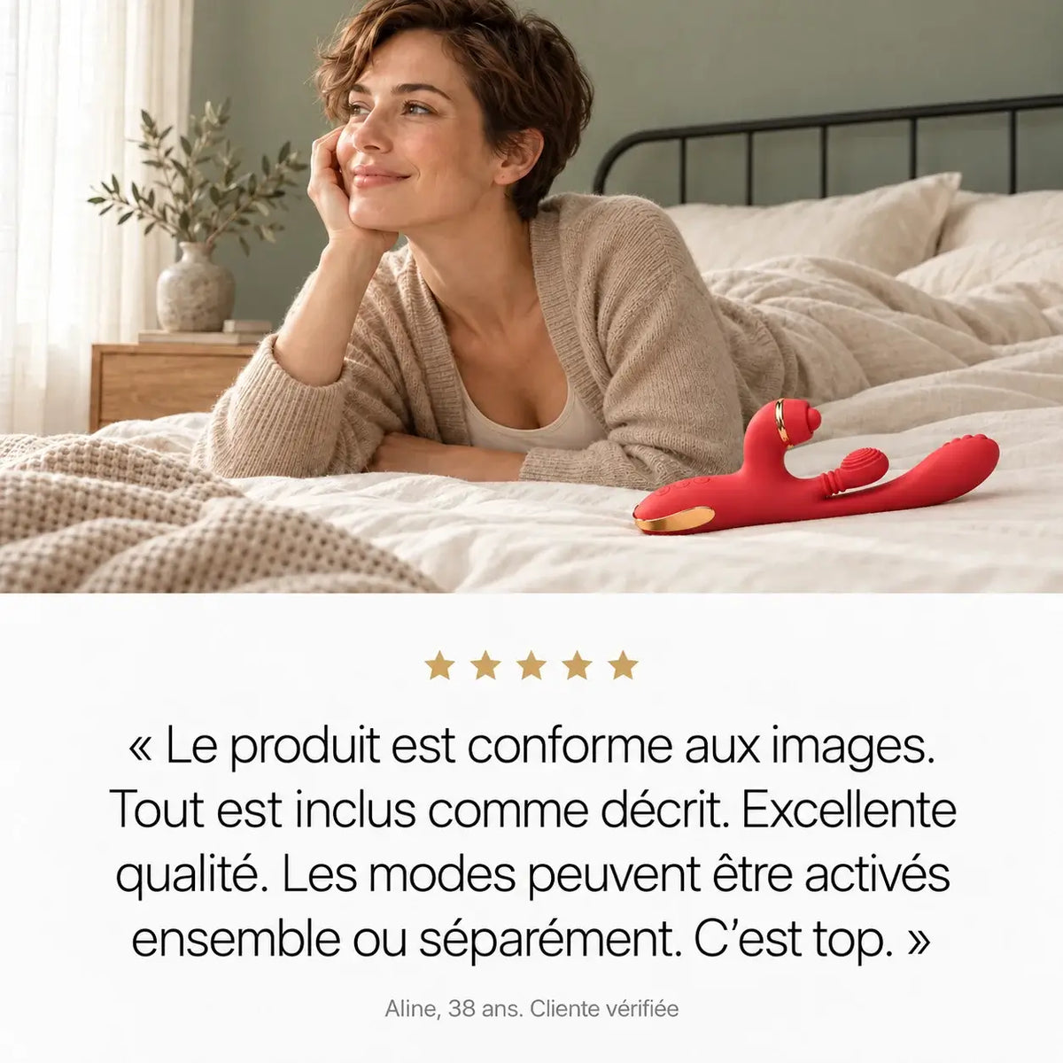 Avis client 5 étoiles d’Aline, 38 ans, sur le vibromasseur 3 en 1 Aurore et ses modes activables ensemble ou séparément