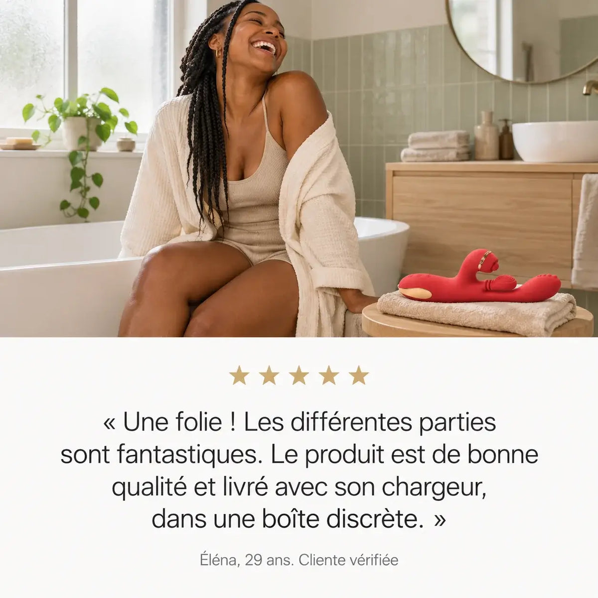 Avis client 5 étoiles d’Élena, 29 ans, sur le vibromasseur 3 en 1 Aurore, livré avec son chargeur dans une boîte discrète