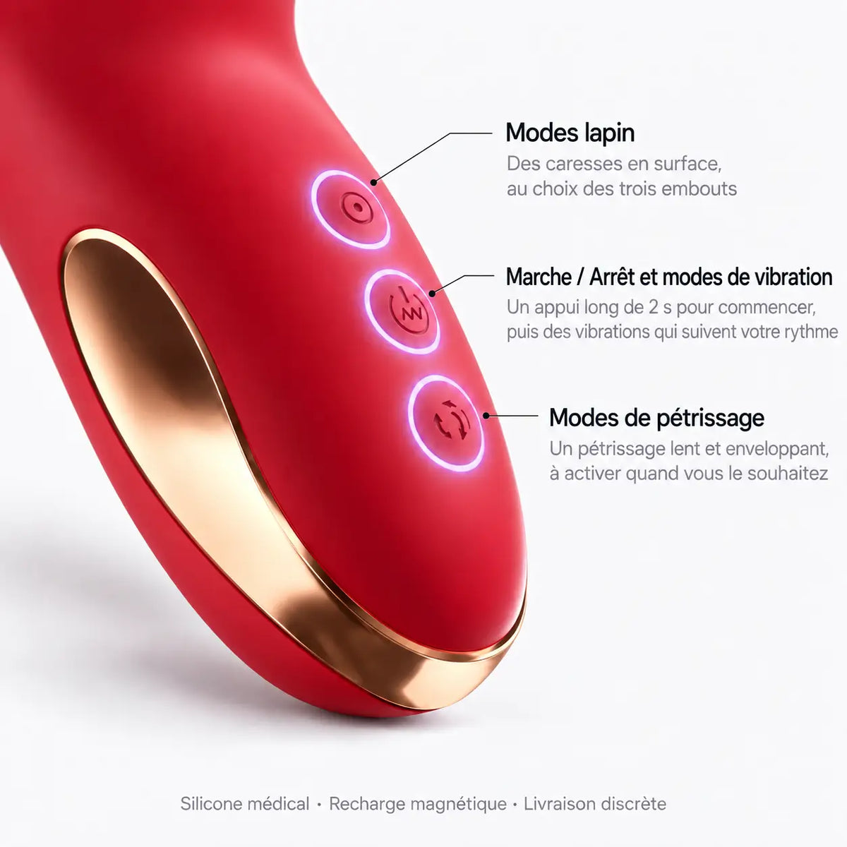 Commandes du vibromasseur Aurore : modes lapin, marche et vibrations, pétrissage