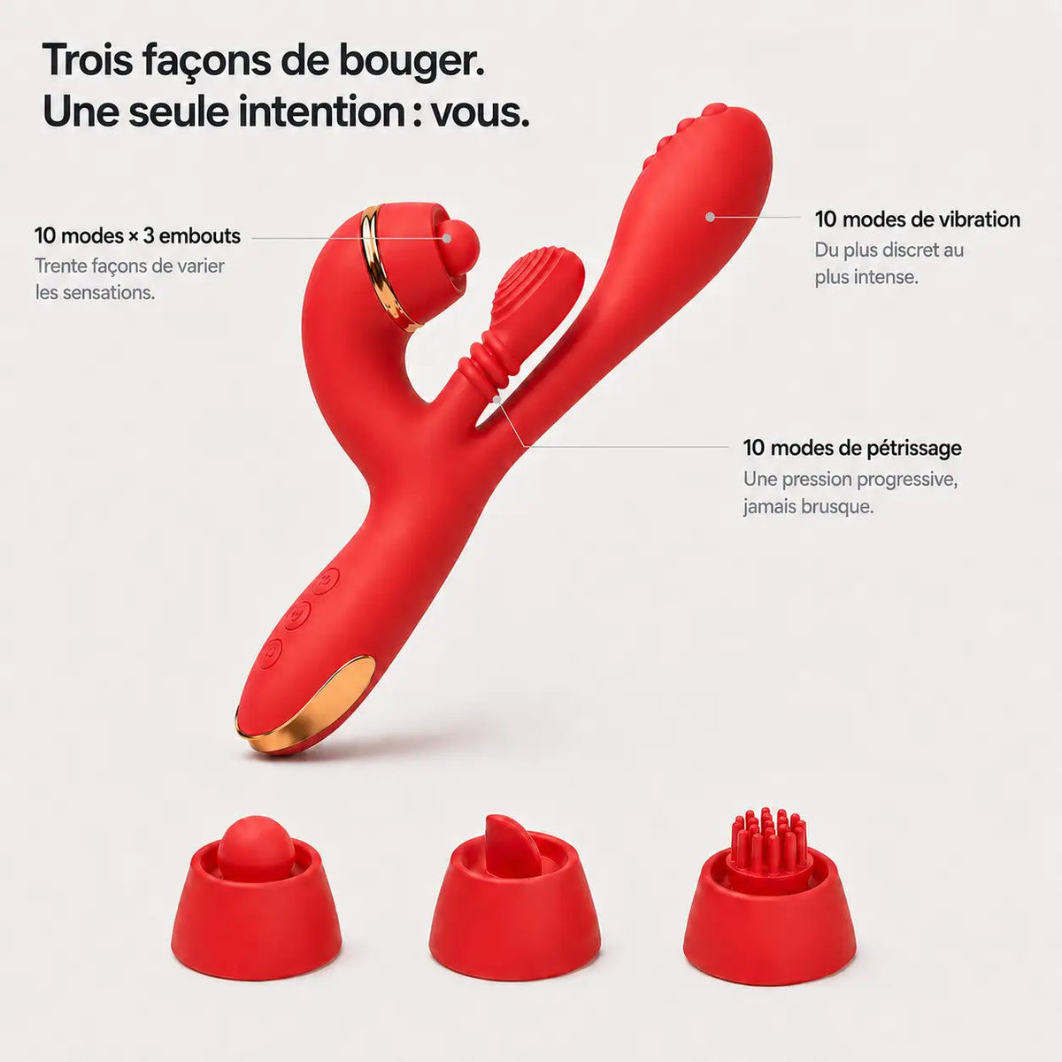 Vibromasseur Aurore : 10 modes de vibration, 10 modes de pétrissage et 3 embouts