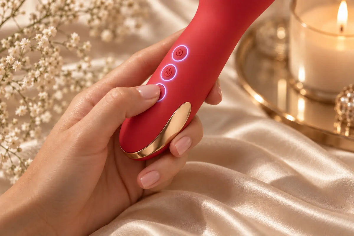 Vibromasseur Aurore rouge cerise tenu en main, boutons de commande éclairés