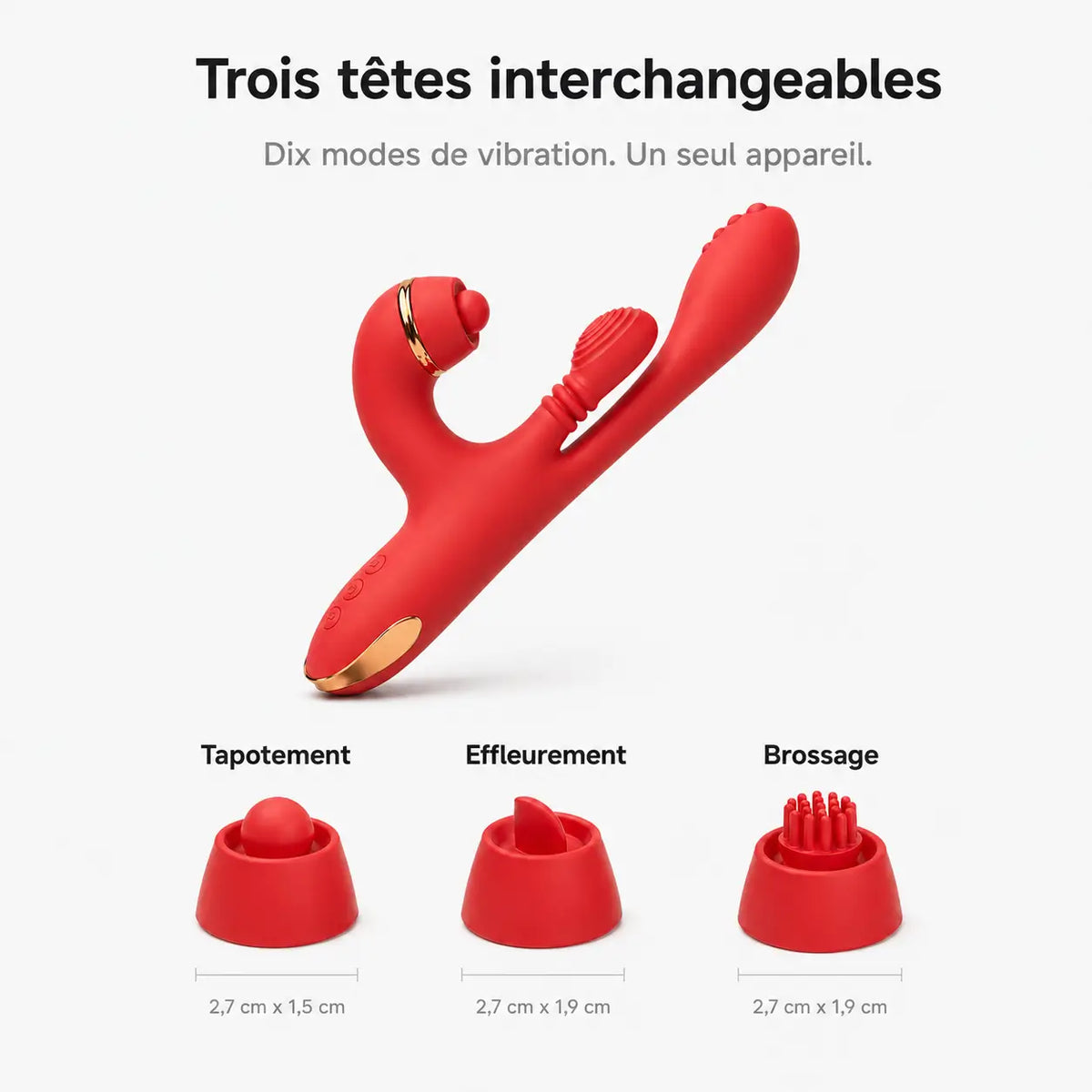 Embouts interchangeables du vibromasseur Aurore : tapotement, effleurement et brossage