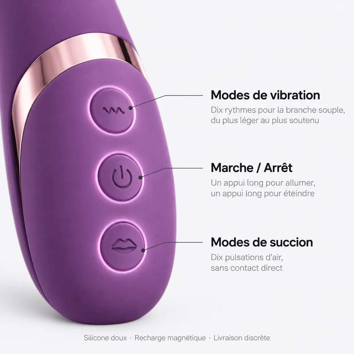 Boutons du vibromasseur Écrin violet améthyste : modes de vibration, marche/arrêt et modes de succion