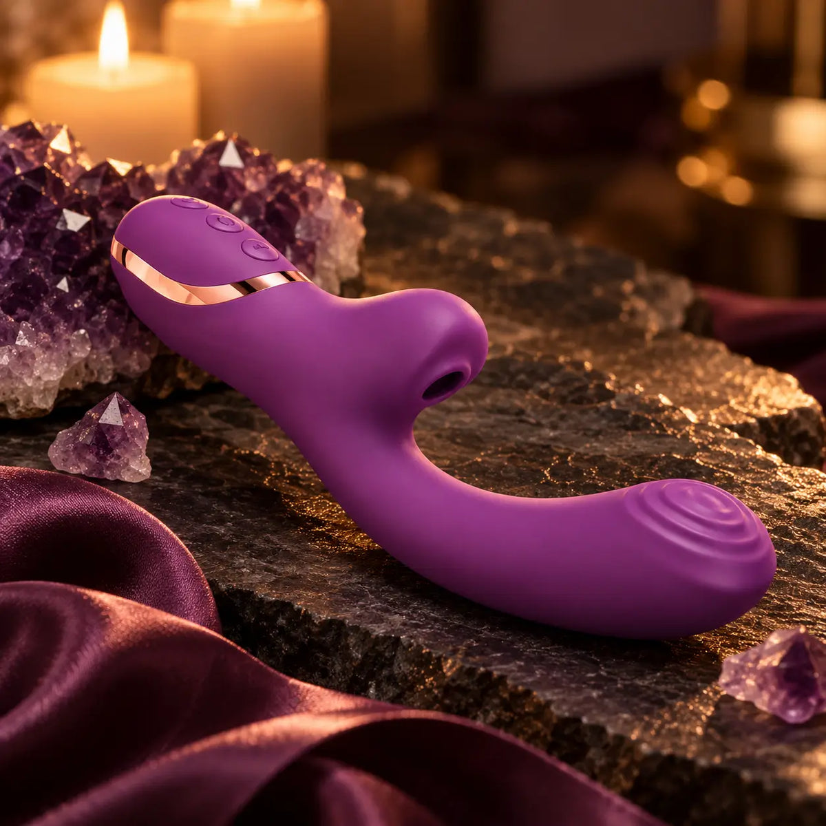 Vibromasseur Écrin violet améthyste près de cristaux d’améthyste, satin prune et bougies