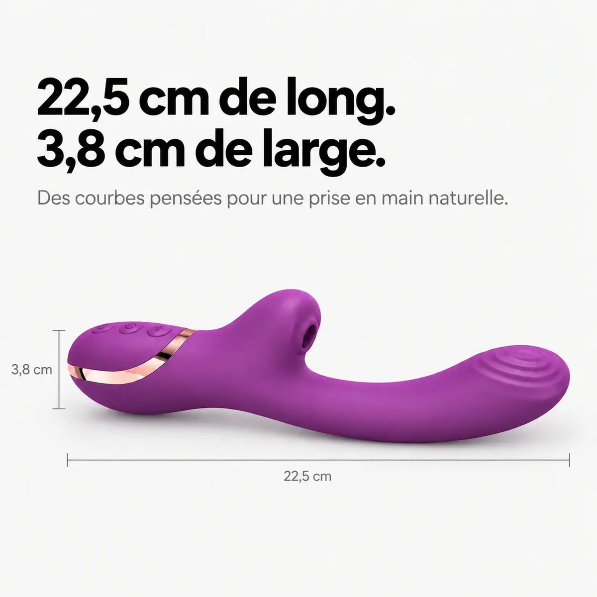 Dimensions du vibromasseur Écrin : 22,5 cm de long et 3,8 cm de large