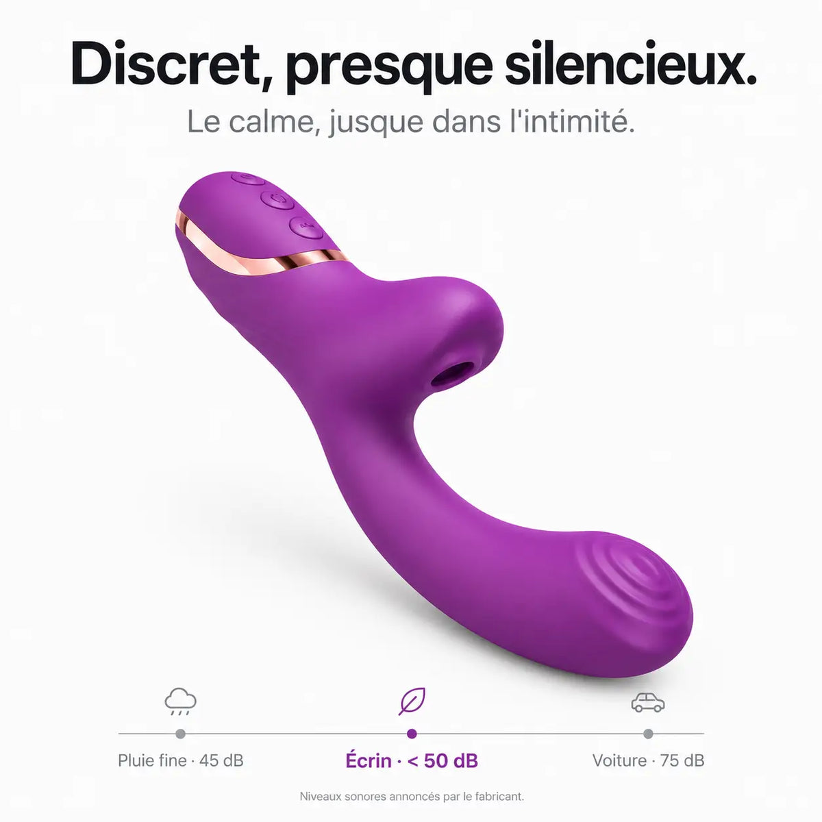 Vibromasseur Écrin discret, sous 50 dB : entre une pluie fine (45 dB) et une voiture (75 dB)